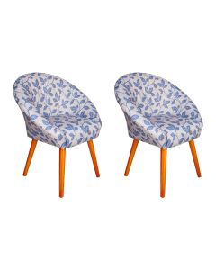 Kit 2 Poltronas Decorativa Canastra Estofada Veludo Floral Azul Pés em Madeira Maciça