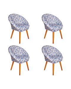 Kit 4 Poltronas Decorativa Canastra Estofada Veludo Floral Azul Pés em Madeira Maciça