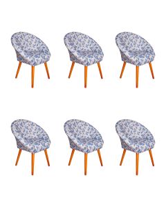 Kit 6 Poltronas Decorativa Canastra Estofada Veludo Floral Azul Pés em Madeira Maciça