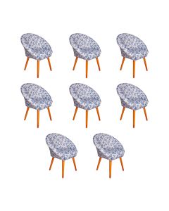 Kit 8 Poltronas Decorativa Canastra Estofada Veludo Floral Azul Pés em Madeira Maciça