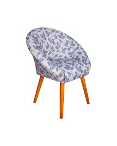 Poltrona Decorativa Canastra Estofada Veludo Floral Azul Pés em Madeira Maciça